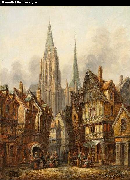 Pieter Cornelis Dommersen Blick auf gotischen Dom in mittelalterlicher Stadt